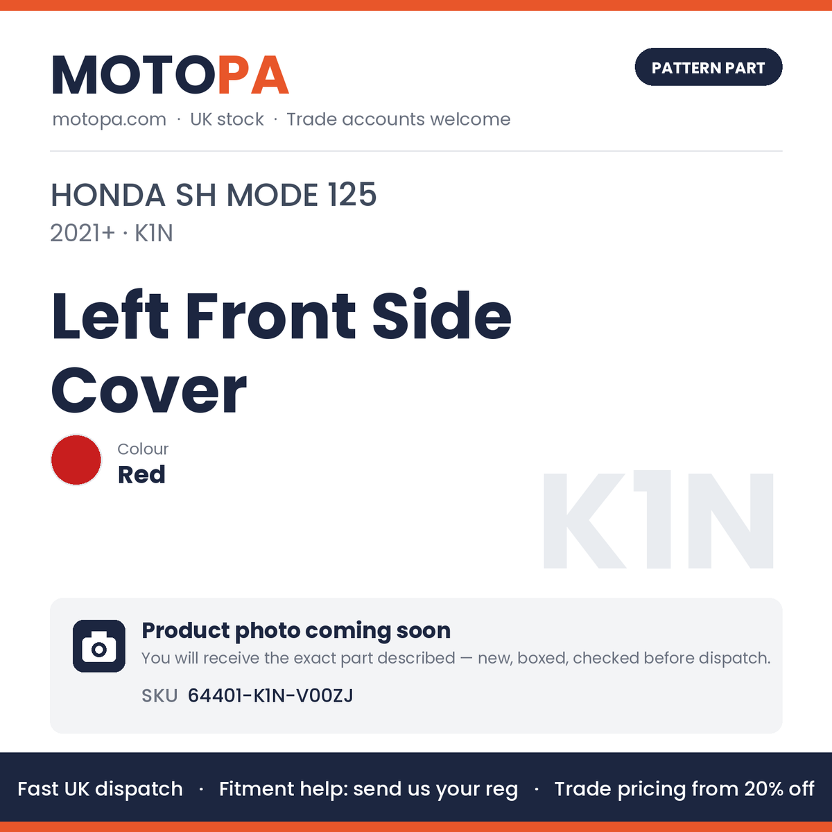 Fits Honda SH Mode 125 2021+ Left Front Side Cover Red 64401-K1N-V00ZJ | MotoPa