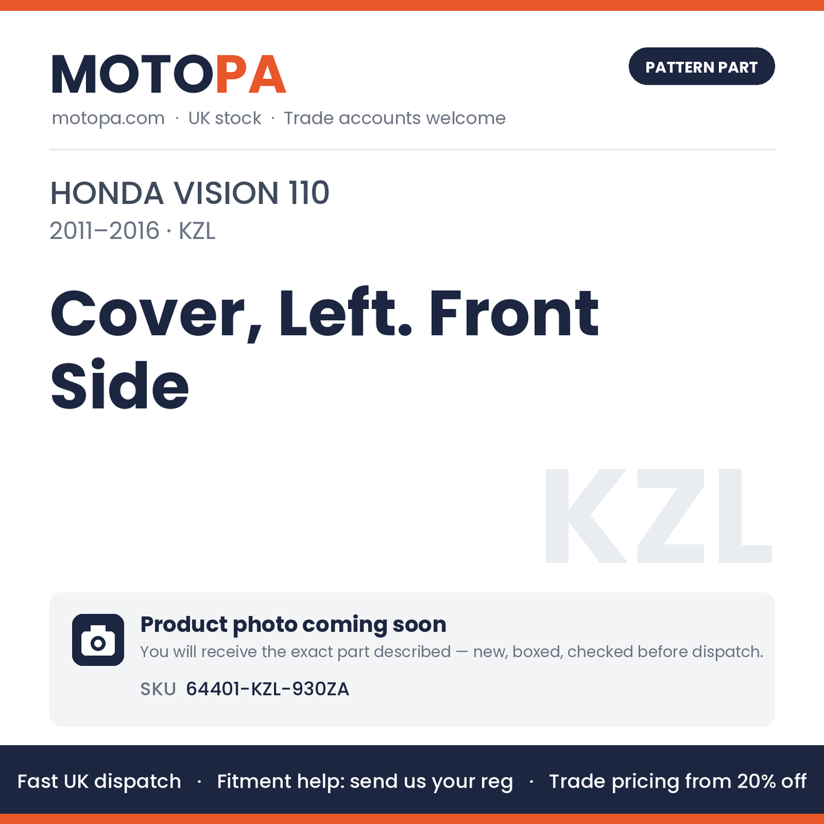 Fits Honda Vision 110 2011-2016 Cover, Left. Front Side 64401-KZL-930ZA | MotoPa