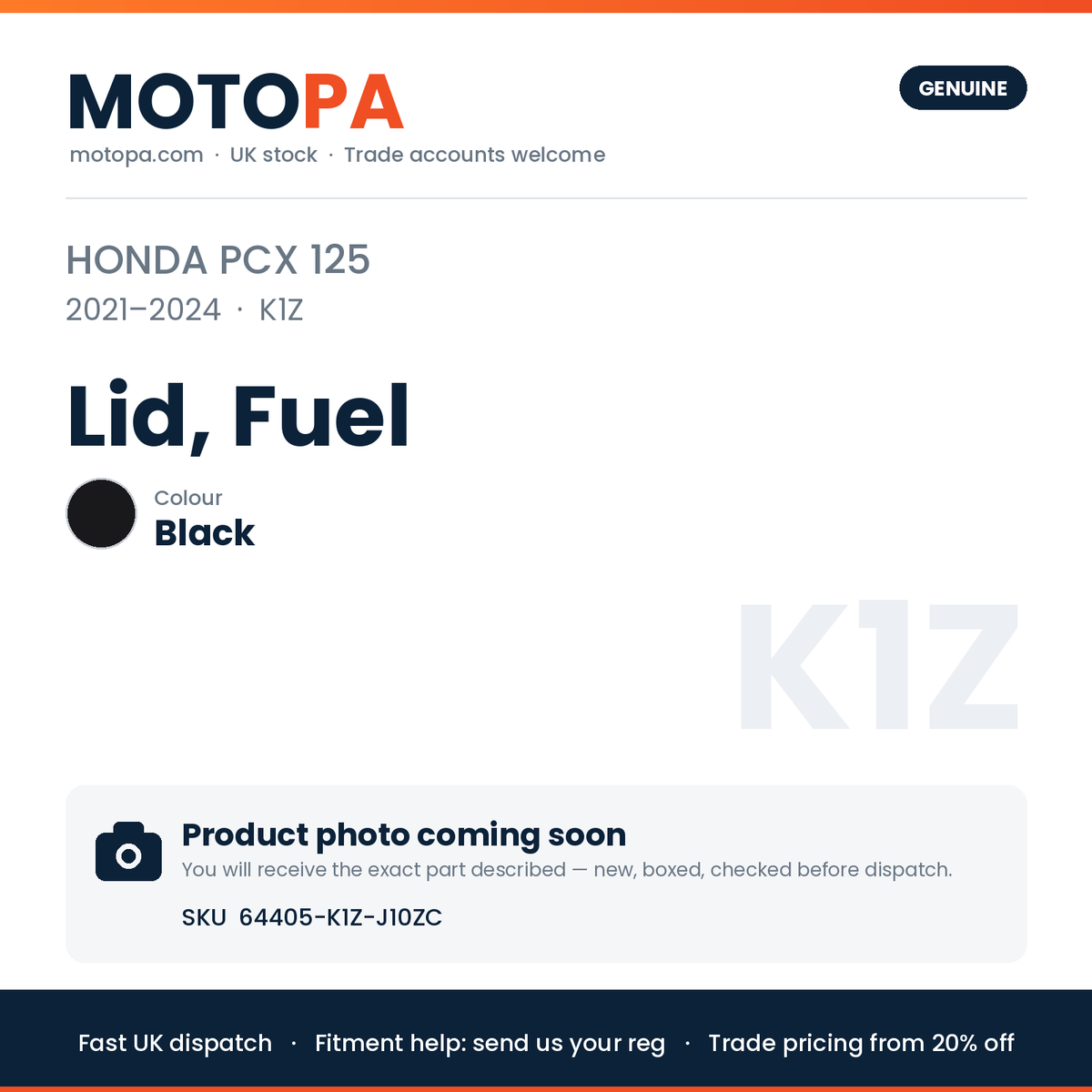 Genuine Honda PCX 125 2021-2024 Lid, Fuel Black 64405-K1Z-J10ZC | SKU 64405-K1Z-J10ZC | photo coming soon