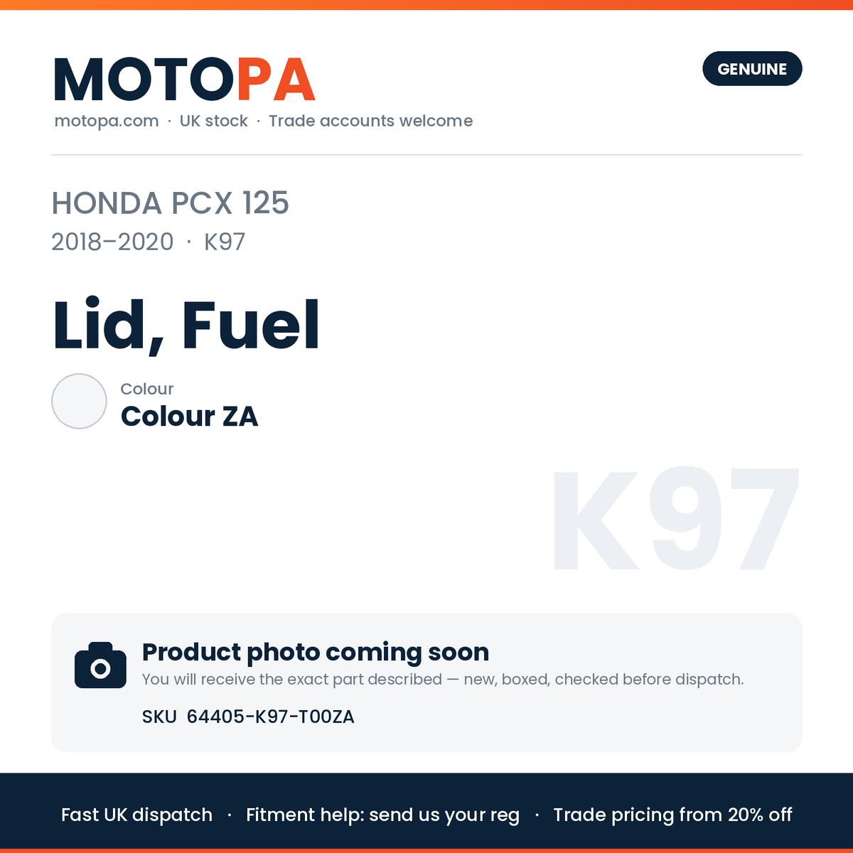 Genuine Honda PCX 125 2018-2020 Lid, Fuel 64405-K97-T00ZA | SKU 64405-K97-T00ZA | photo coming soon