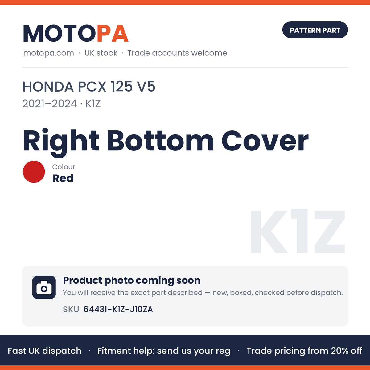 Fits Honda PCX 125 V5 2021-2024 Right Bottom Cover Red 64431-K1Z-J10ZA | MotoPa
