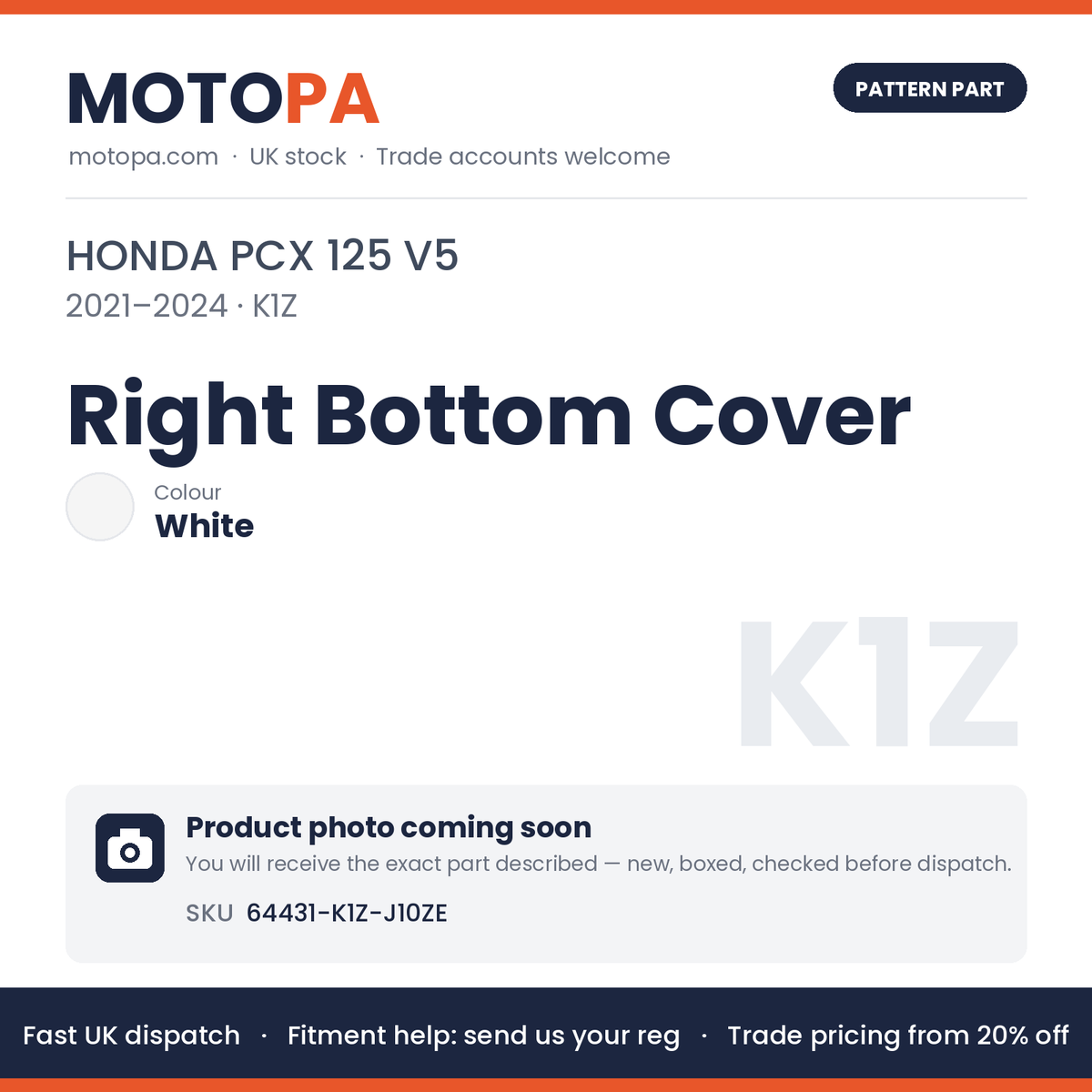 Fits Honda PCX 125 V5 2021-2024 Right Bottom Cover White 64431-K1Z-J10ZE | MotoPa