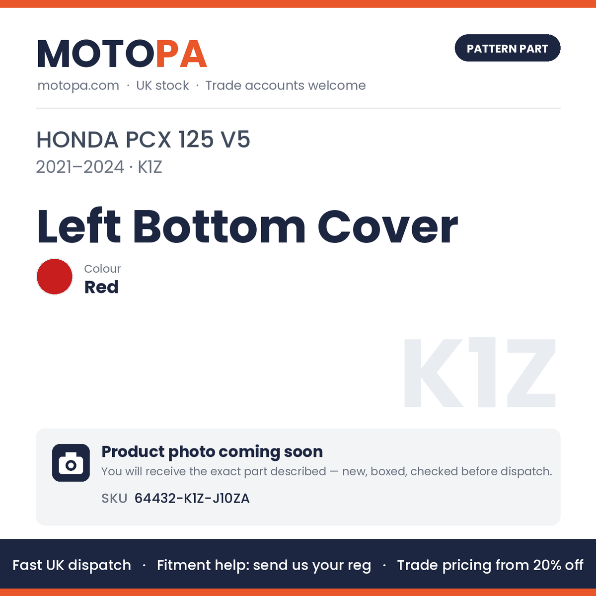Fits Honda PCX 125 V5 2021-2024 Left Bottom Cover Red 64432-K1Z-J10ZA | MotoPa