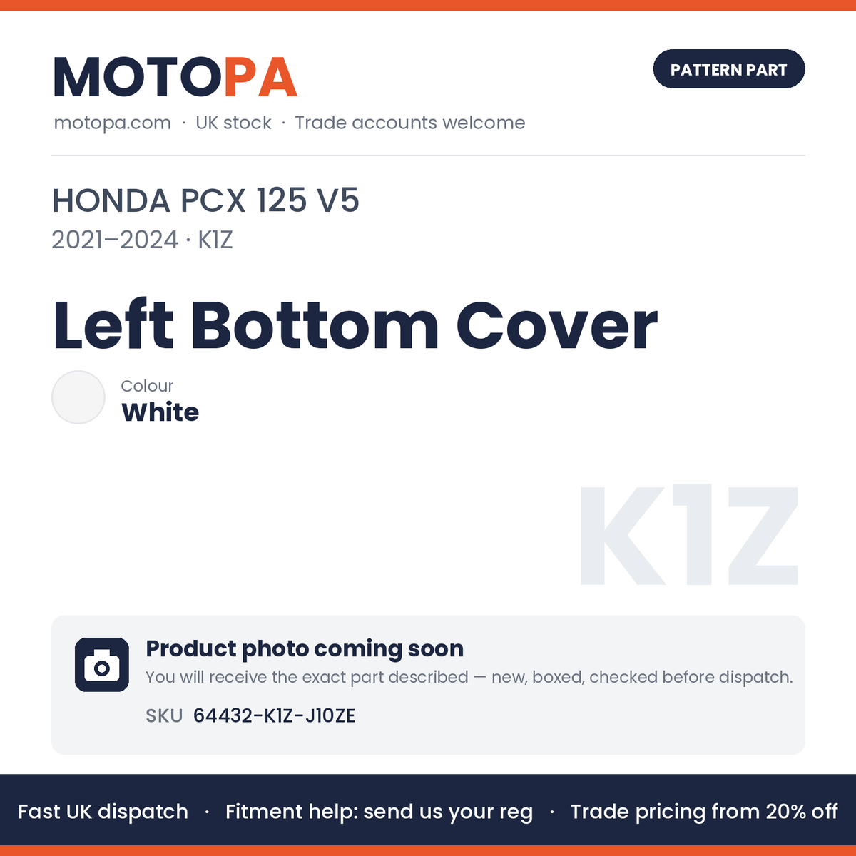 Fits Honda PCX 125 V5 2021-2024 Left Bottom Cover White 64432-K1Z-J10ZE | MotoPa