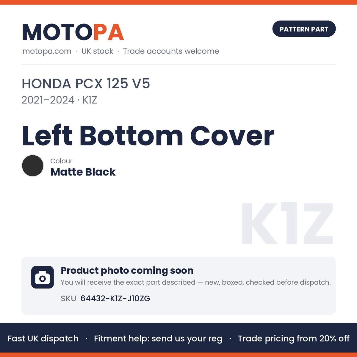 Fits Honda PCX 125 V5 2021-2024 Left Bottom Cover Matte Black 64432-K1Z-J10ZG | MotoPa