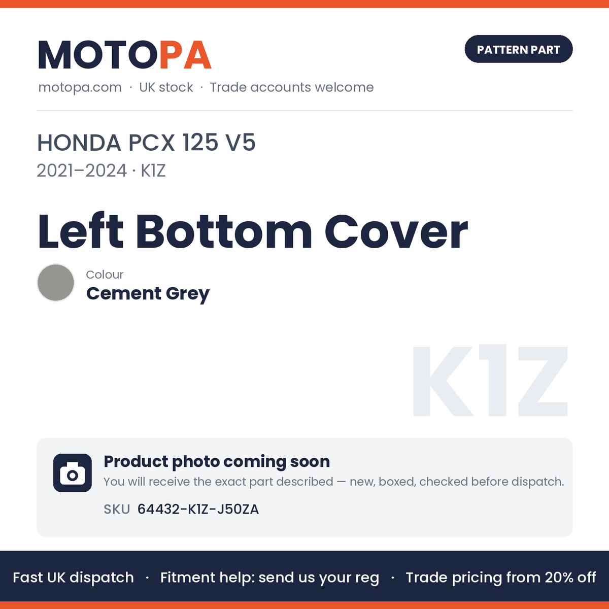Fits Honda PCX 125 V5 2021-2024 Left Bottom Cover Cement Grey 64432-K1Z-J50ZA | MotoPa