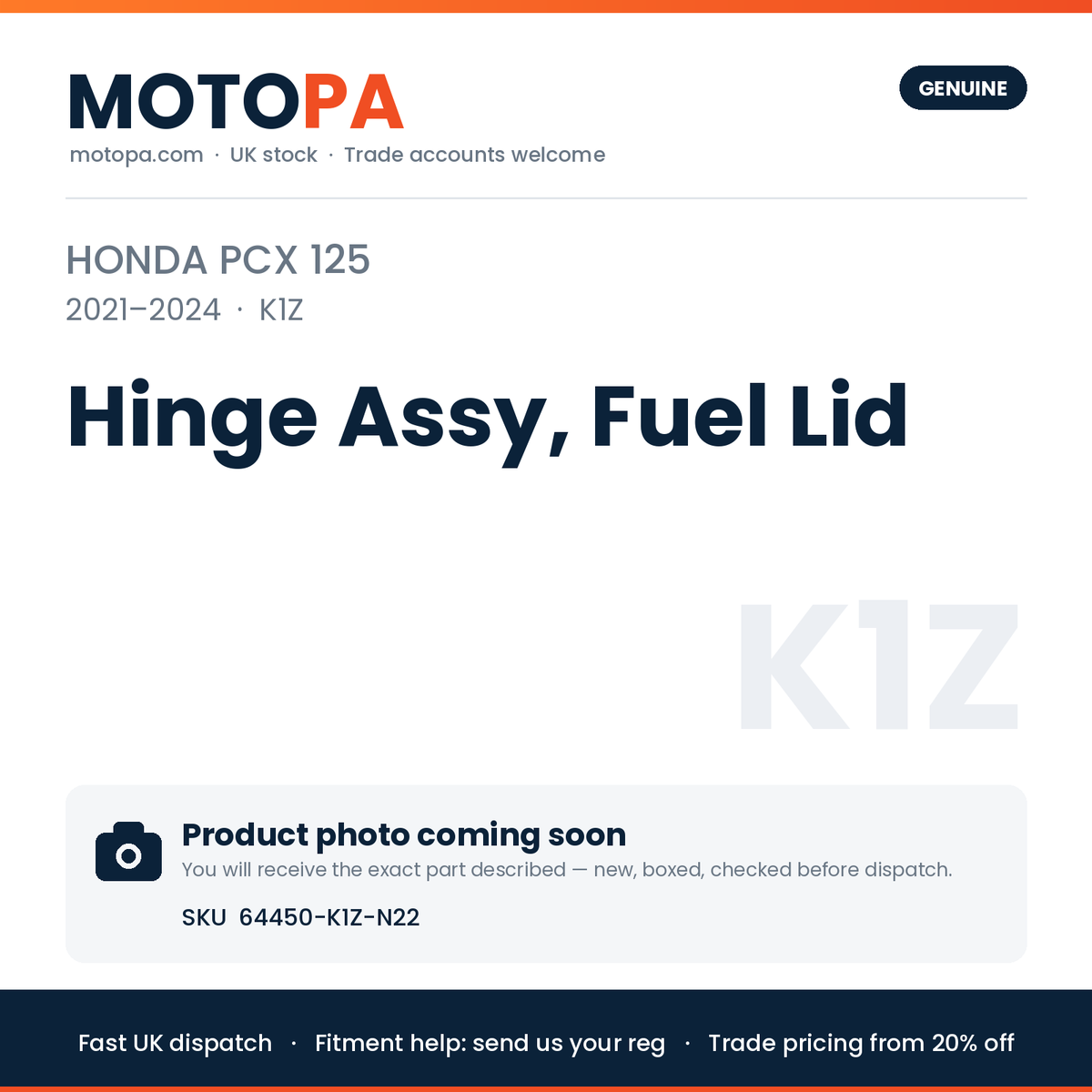 Genuine Honda PCX 125 2021-2024 Hinge Assy, Fuel Lid 64450-K1Z-N22 | SKU 64450-K1Z-N22 | photo coming soon