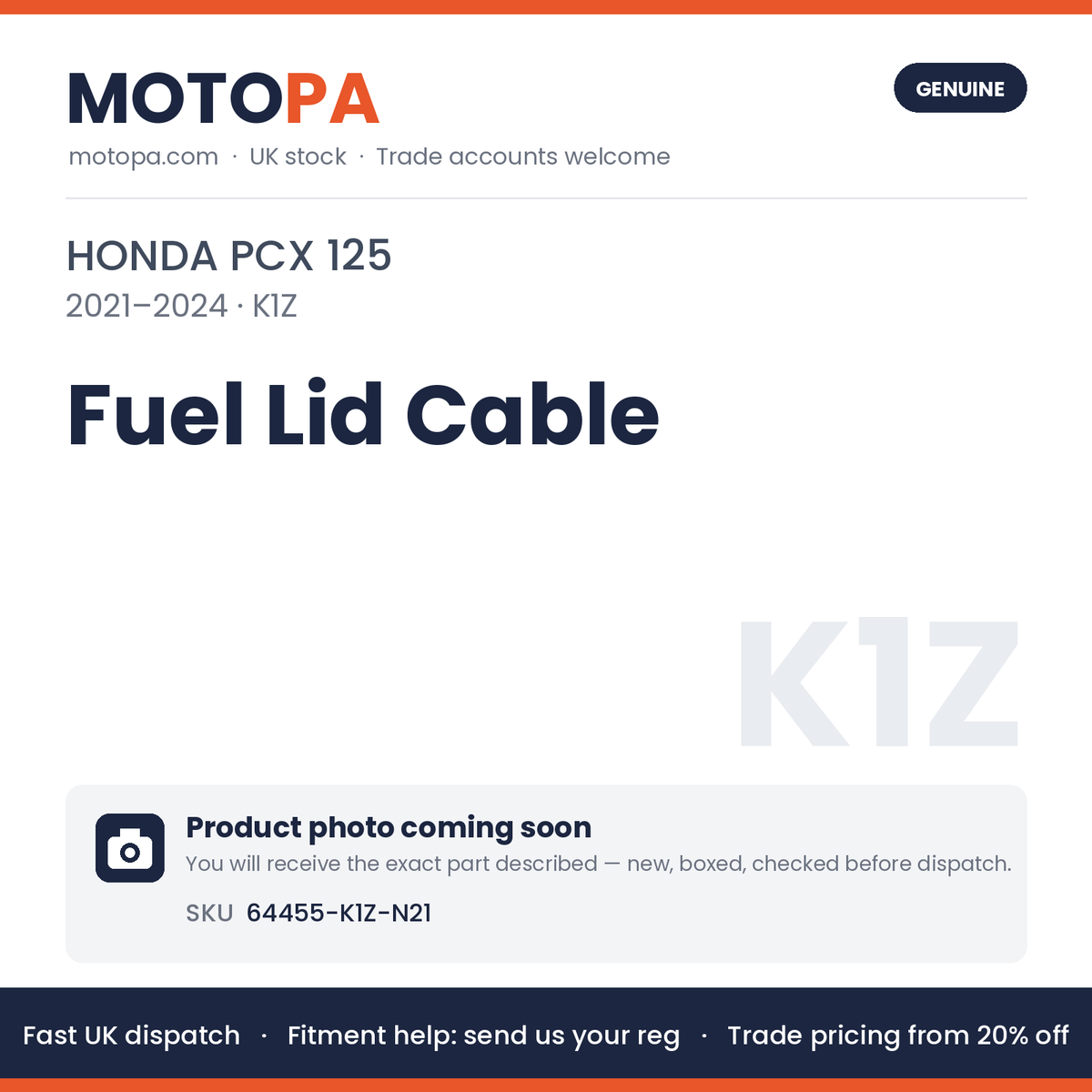 Genuine Honda PCX 125 2021-2024 Fuel Lid Cable 64455-K1Z-N21 | SKU 64455-K1Z-N21 | photo coming soon