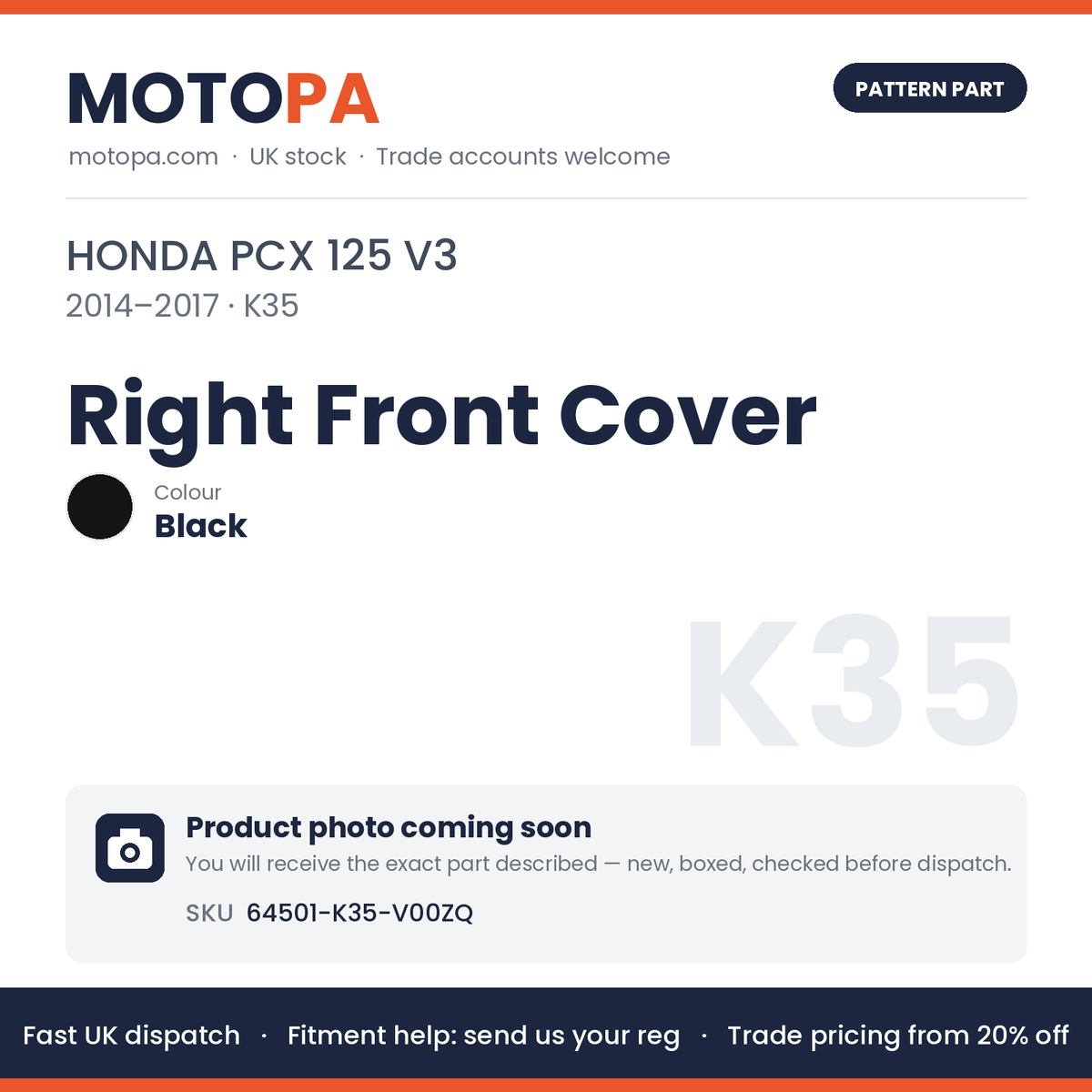 Fits Honda PCX 125 V3 2014-2017 Right Front Cover Black 64501-K35-V00ZQ | MotoPa