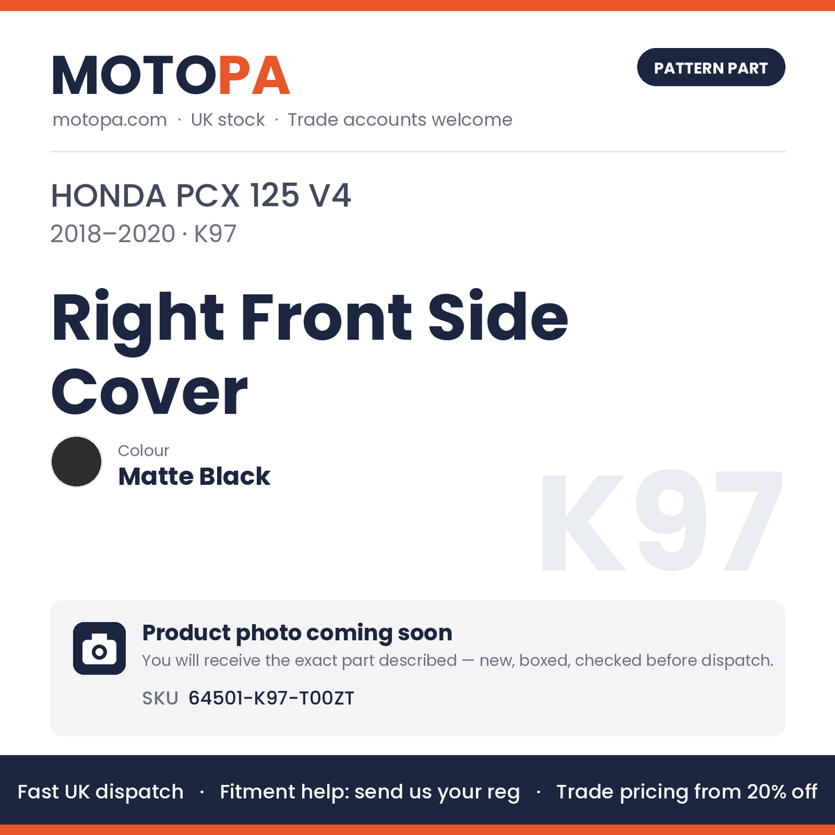 Fits Honda PCX 125 V4 2018-2020 Right Front Side Cover Matte Black 64501-K97-T00ZT | MotoPa