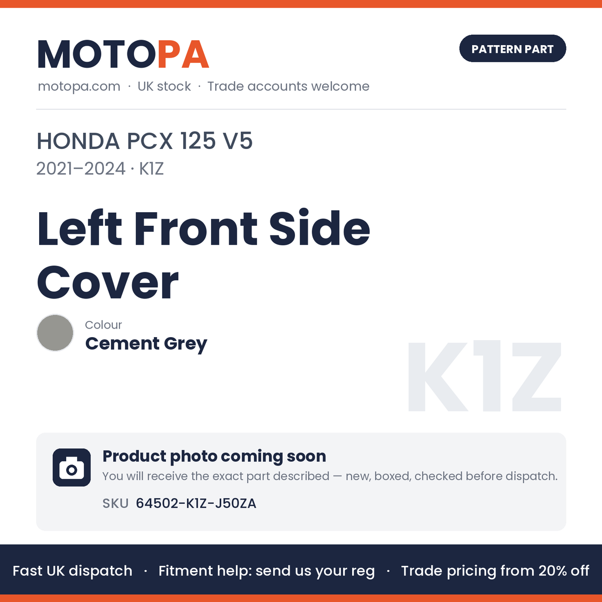 Fits Honda PCX 125 V5 2021-2024 Left Front Side Cover Cement Grey 64502-K1Z-J50ZA | MotoPa