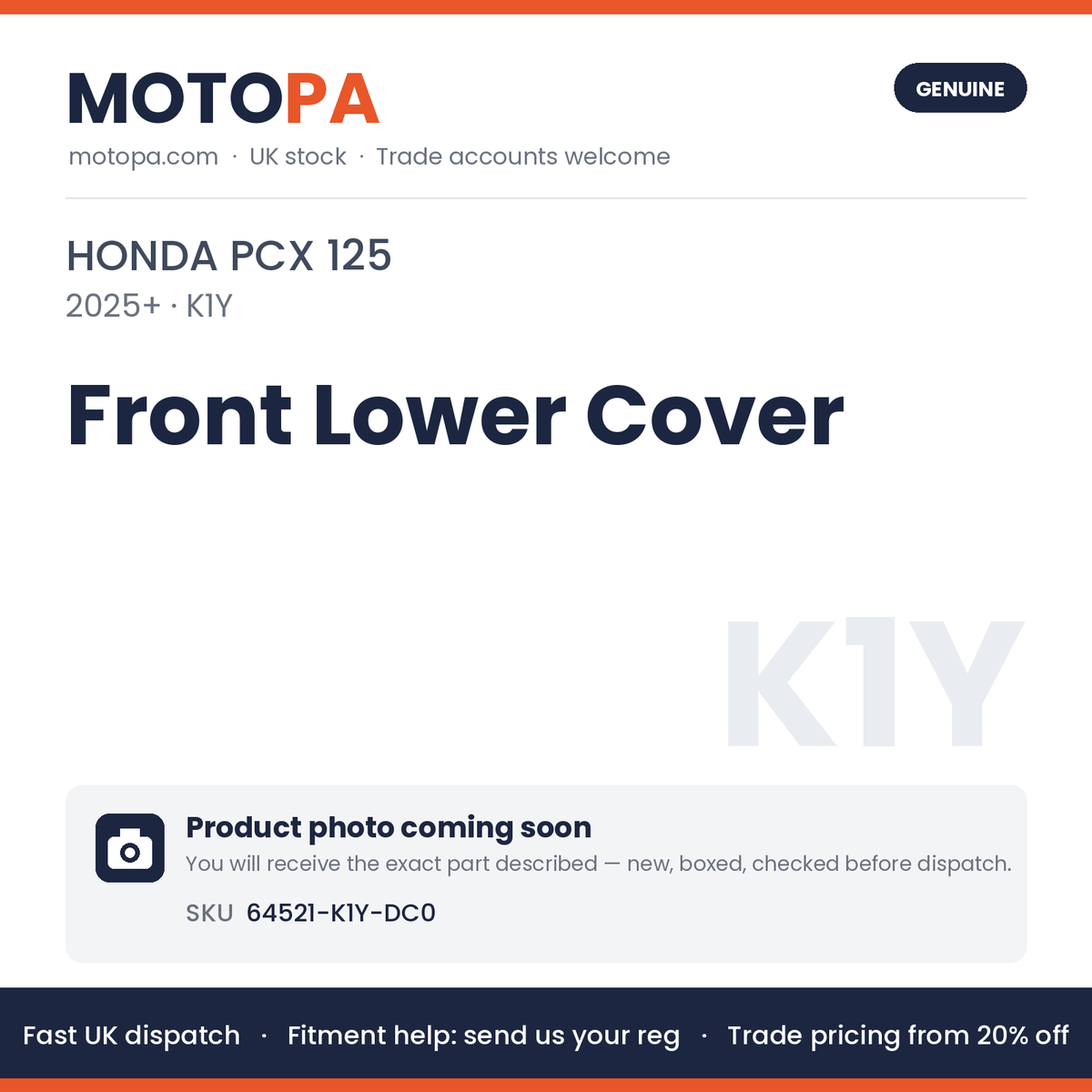 Genuine Honda PCX 125 2025+ Front Lower Cover 64521-K1Y-DC0 | SKU 64521-K1Y-DC0 | photo coming soon
