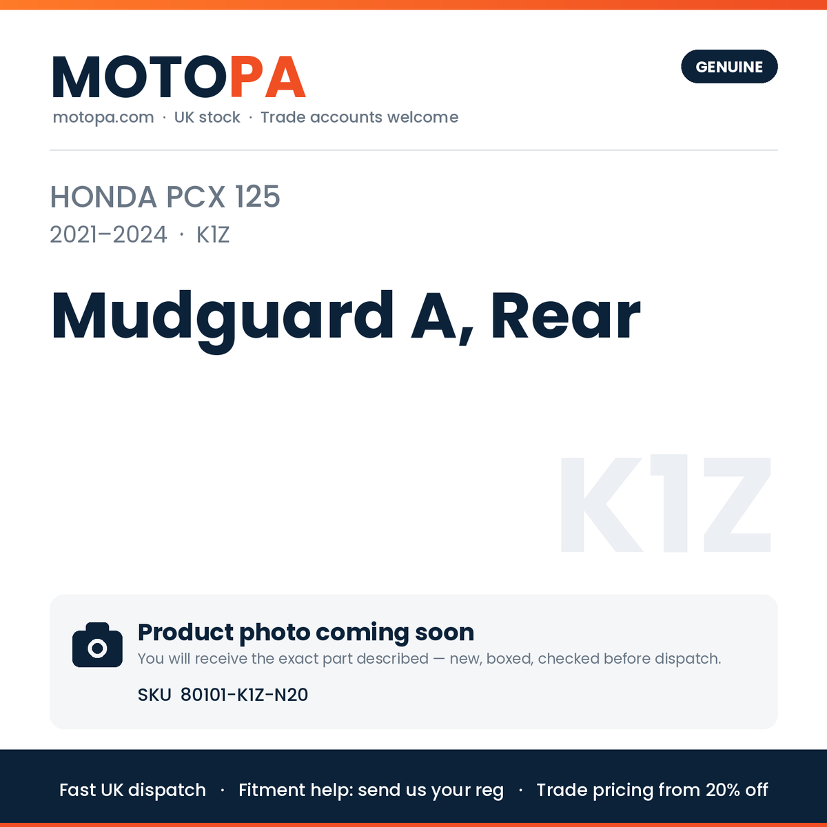 Genuine Honda PCX 125 2021-2024 Mudguard A, Rear 80101-K1Z-N20 | SKU 80101-K1Z-N20 | photo coming soon