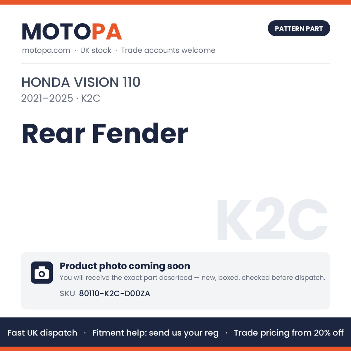 Fits Honda Vision 110 2021-2025 Rear Fender 80110-K2C-D00ZA | MotoPa