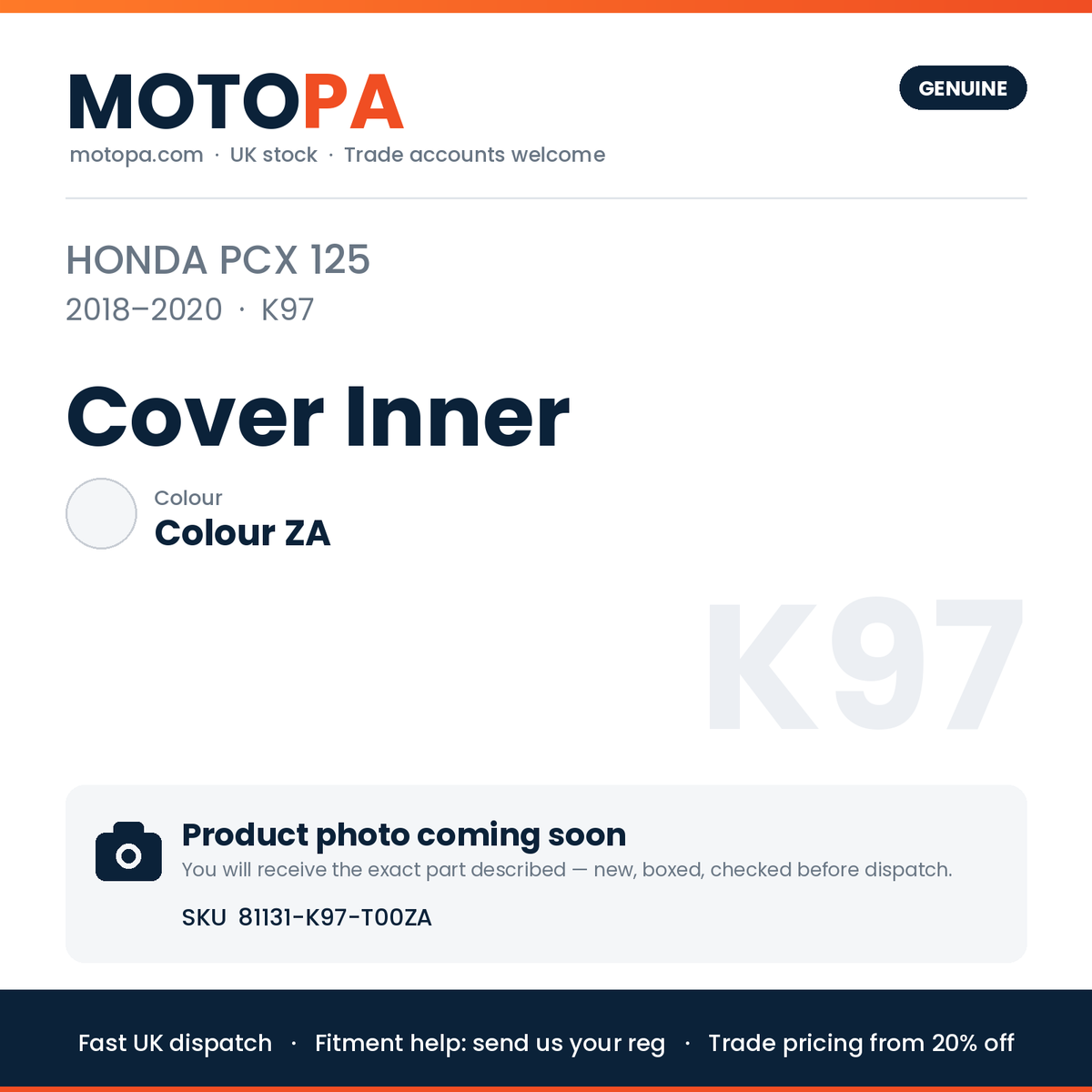 Genuine Honda PCX 125 2018-2020 Cover Inner 81131-K97-T00ZA | SKU 81131-K97-T00ZA | photo coming soon