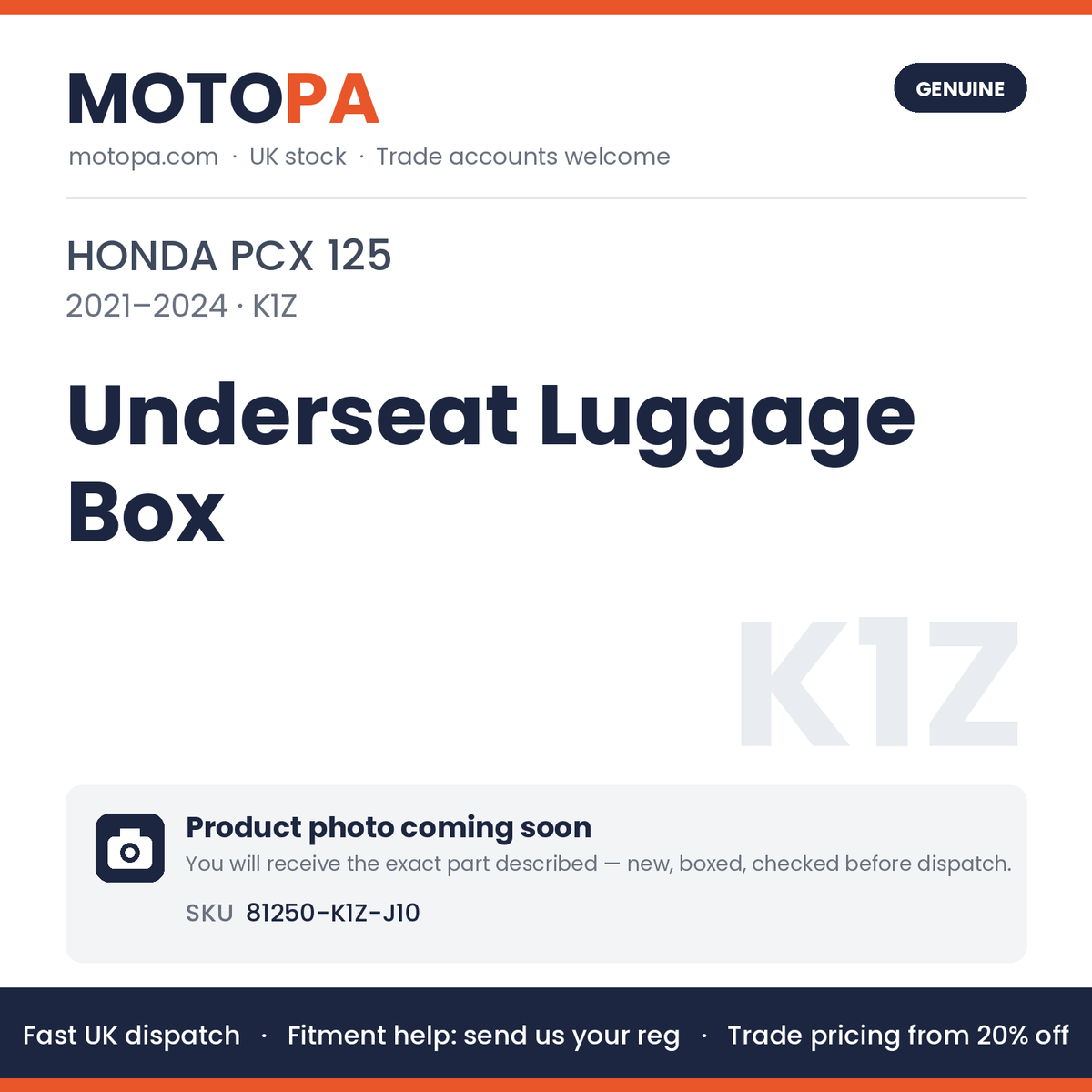 Genuine Honda PCX 125 2021-2024 Underseat Luggage Box 81250-K1Z-J10 | SKU 81250-K1Z-J10 | photo coming soon