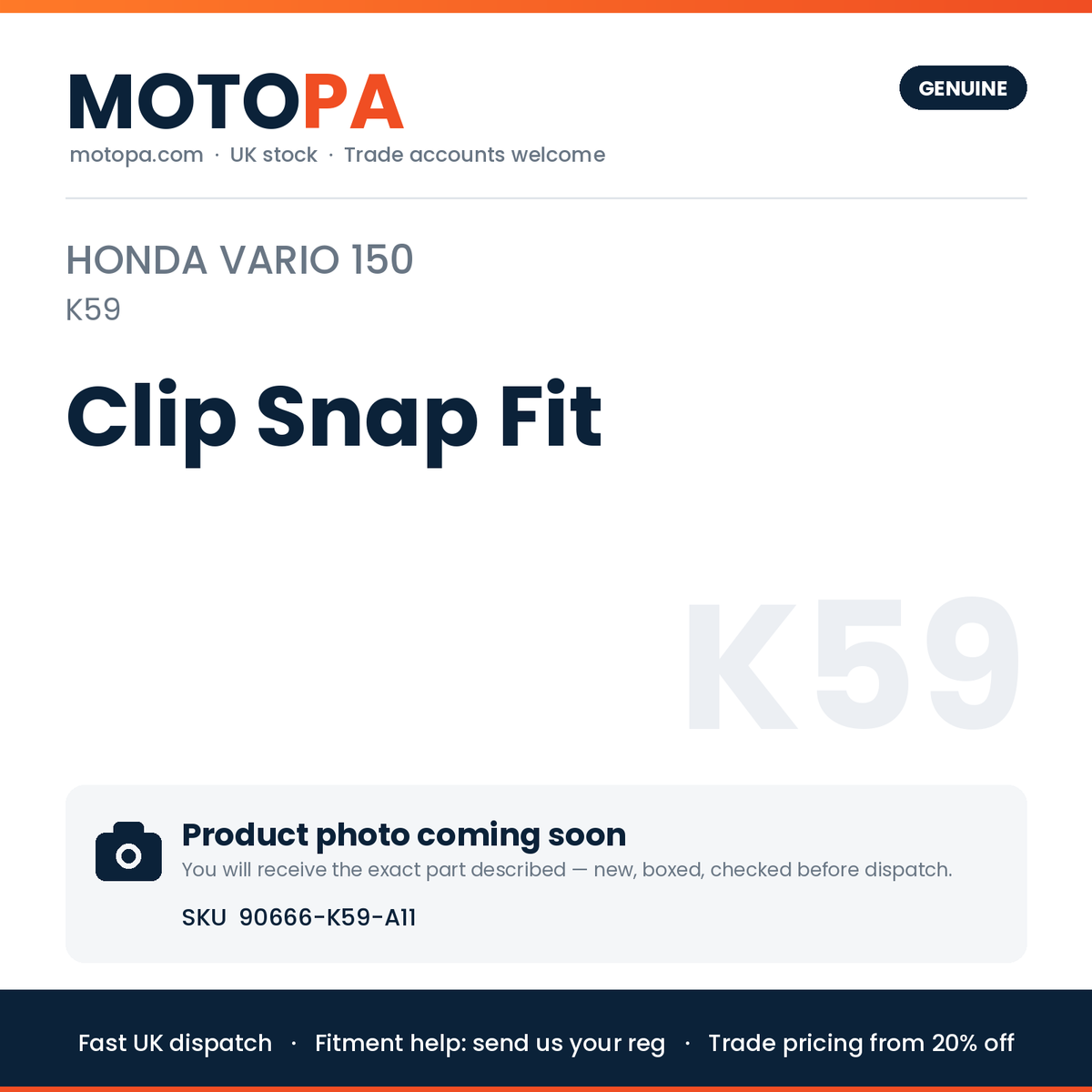 Genuine Honda Vario 150 (import) Clip Snap Fit 90666-K59-A11 | SKU 90666-K59-A11 | photo coming soon