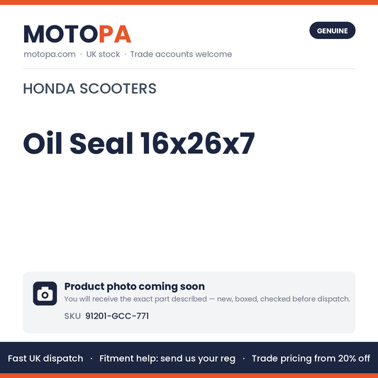 Genuine Honda Oil Seal 16x26x7 91201-GCC-771 | SKU 91201-GCC-771 | photo coming soon