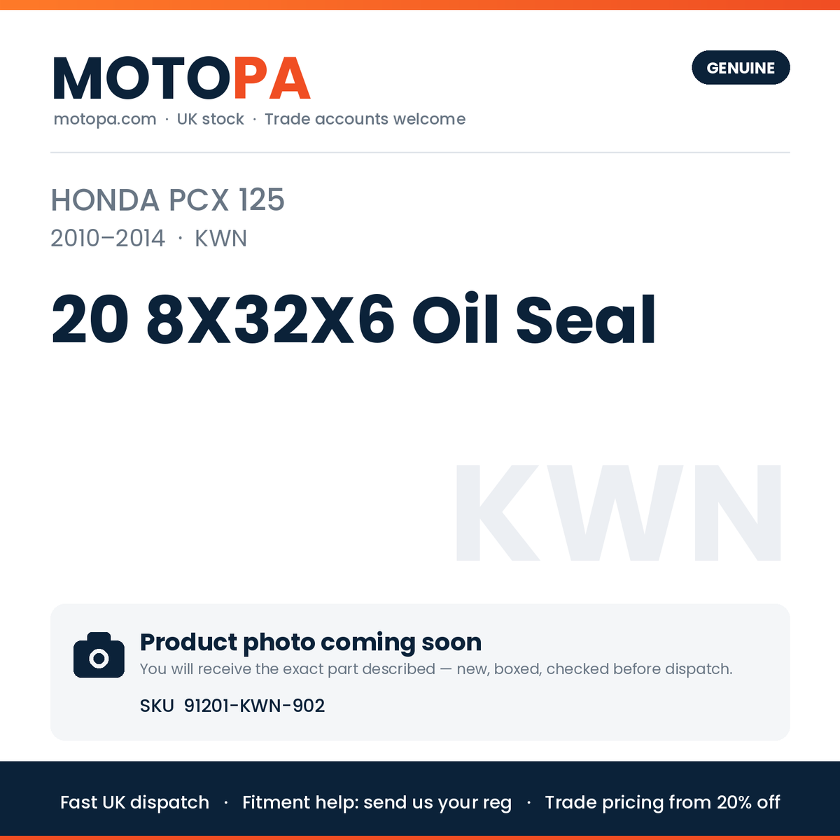 Genuine Honda PCX 125 2010-2014 20 8X32X6 Oil Seal 91201-KWN-902 | SKU 91201-KWN-902 | photo coming soon