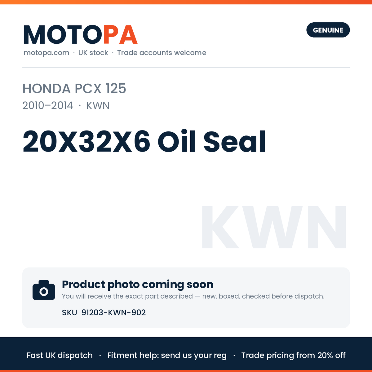 Genuine Honda PCX 125 2010-2014 20X32X6 Oil Seal 91203-KWN-902 | SKU 91203-KWN-902 | photo coming soon