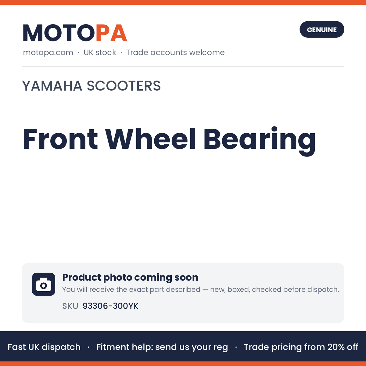 Genuine Yamaha Front Wheel Bearing 93306-300YK | SKU 93306-300YK | photo coming soon