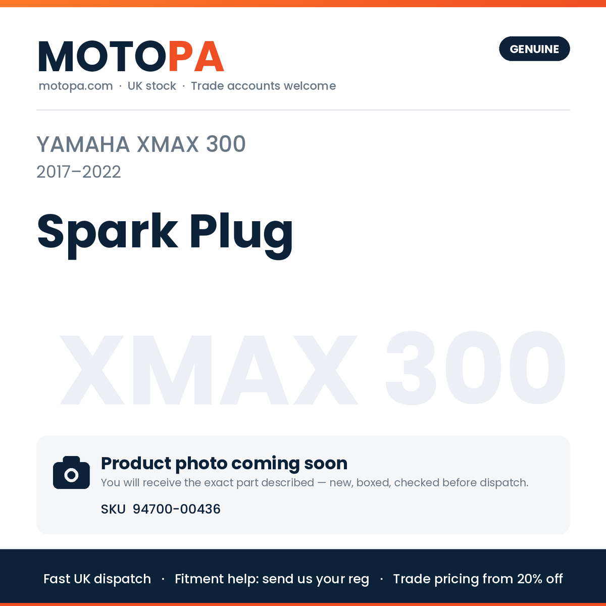 Genuine Yamaha XMAX 300 2017-2022 Spark Plug 94700-00436 | SKU 94700-00436 | photo coming soon