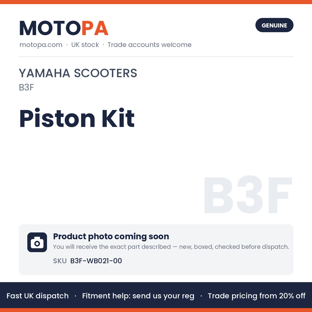 Genuine Yamaha Piston Kit B3F-WB021-00 | SKU B3F-WB021-00 | photo coming soon
