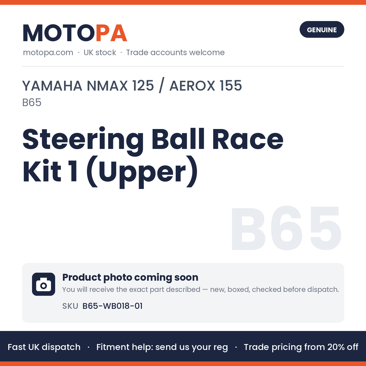 Genuine Yamaha NMAX 125 / Aerox 155 Steering Ball Race Kit 1 (Upper) B65-WB018-01 | SKU B65-WB018-01 | photo coming soon