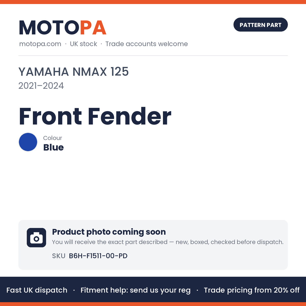 Fits Yamaha NMAX 125 2021-2024 Front Fender Blue B6H-F1511-00-PD | MotoPa