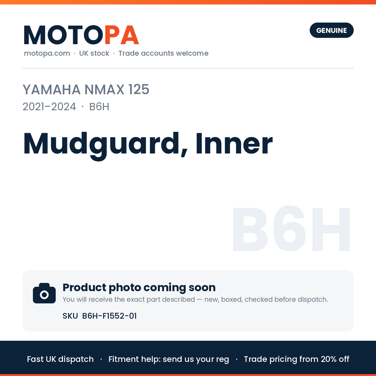 Genuine Yamaha NMAX 125 2021-2024 Mudguard, Inner B6H-F1552-01 | SKU B6H-F1552-01 | photo coming soon