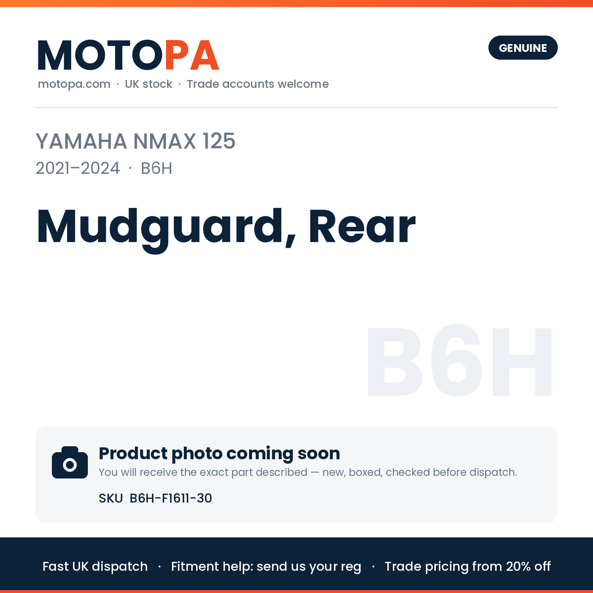 Genuine Yamaha NMAX 125 2021-2024 Mudguard, Rear B6H-F1611-30 | SKU B6H-F1611-30 | photo coming soon