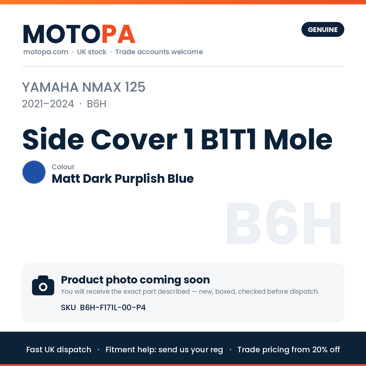 Genuine Yamaha NMAX 125 2021-2024 Side Cover 1 B1T1 Mole B6H-F171L-00 | SKU B6H-F171L-00-P4 | photo coming soon