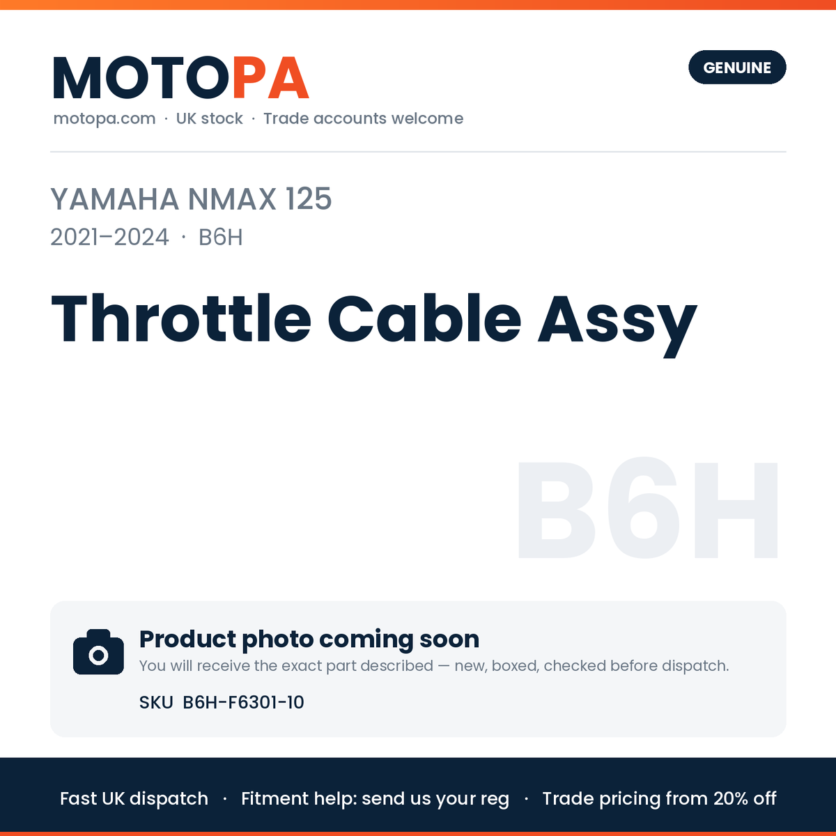 Genuine Yamaha NMAX 125 2021-2024 Throttle Cable Assy B6H-F6301-10 | SKU B6H-F6301-10 | photo coming soon