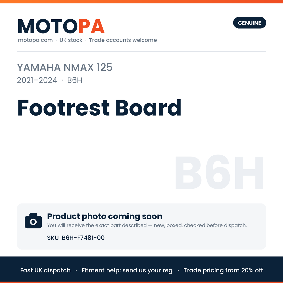 Genuine Yamaha NMAX 125 2021-2024 Footrest Board B6H-F7481-00 | SKU B6H-F7481-00 | photo coming soon