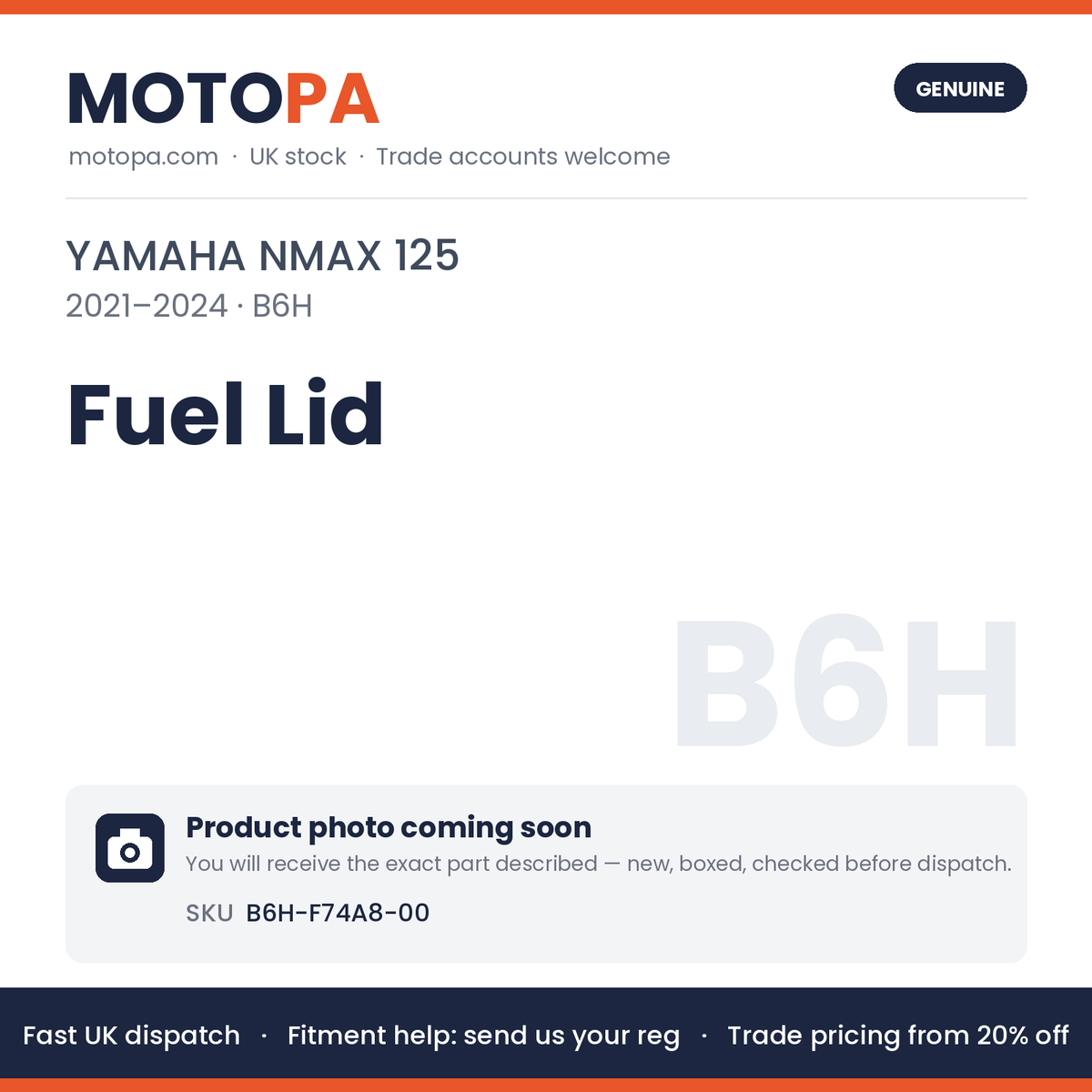 Genuine Yamaha NMAX 125 2021-2024 Fuel Lid B6H-F74A8-00 | SKU B6H-F74A8-00 | photo coming soon