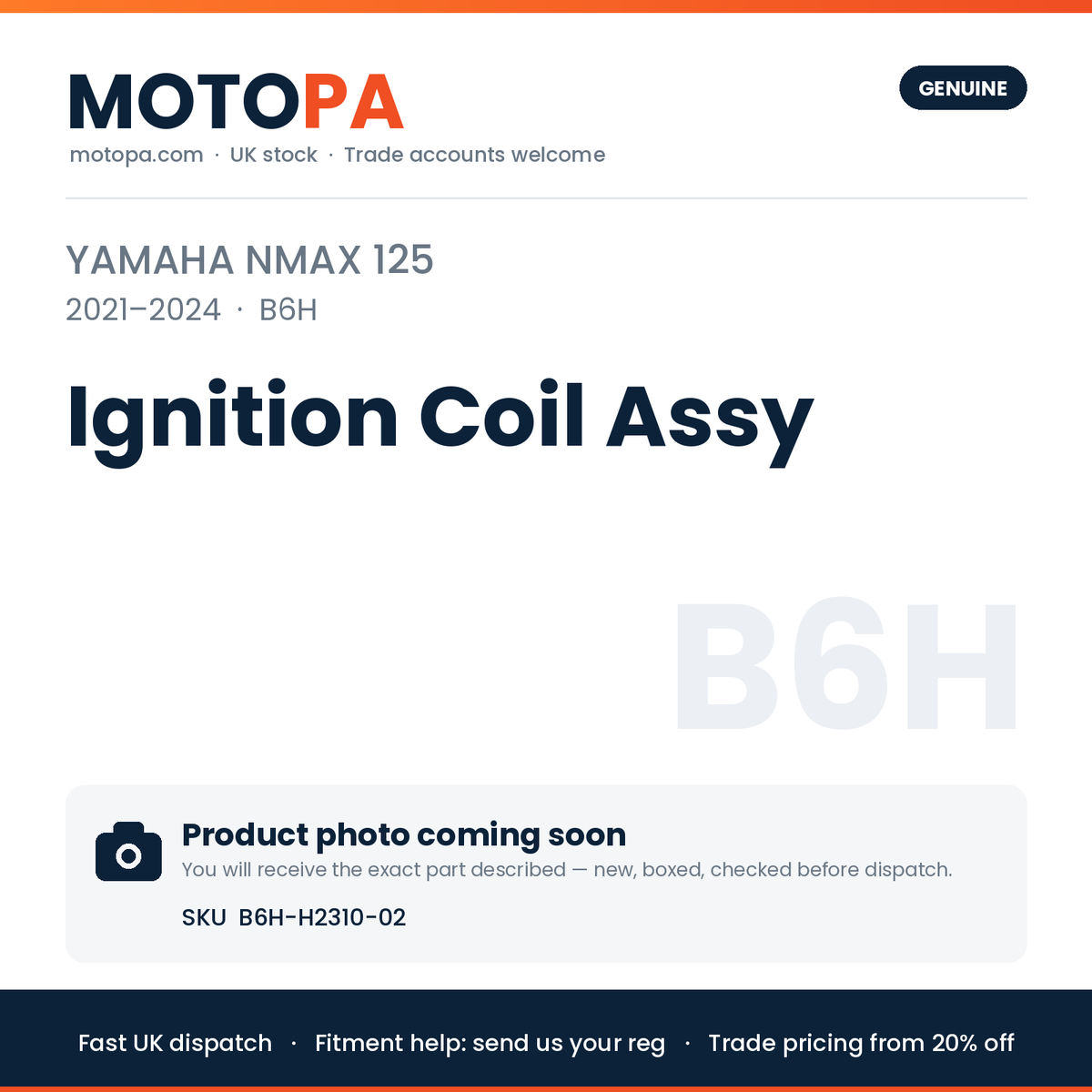 Genuine Yamaha NMAX 125 2021-2024 Ignition Coil Assy B6H-H2310-02 | SKU B6H-H2310-02 | photo coming soon