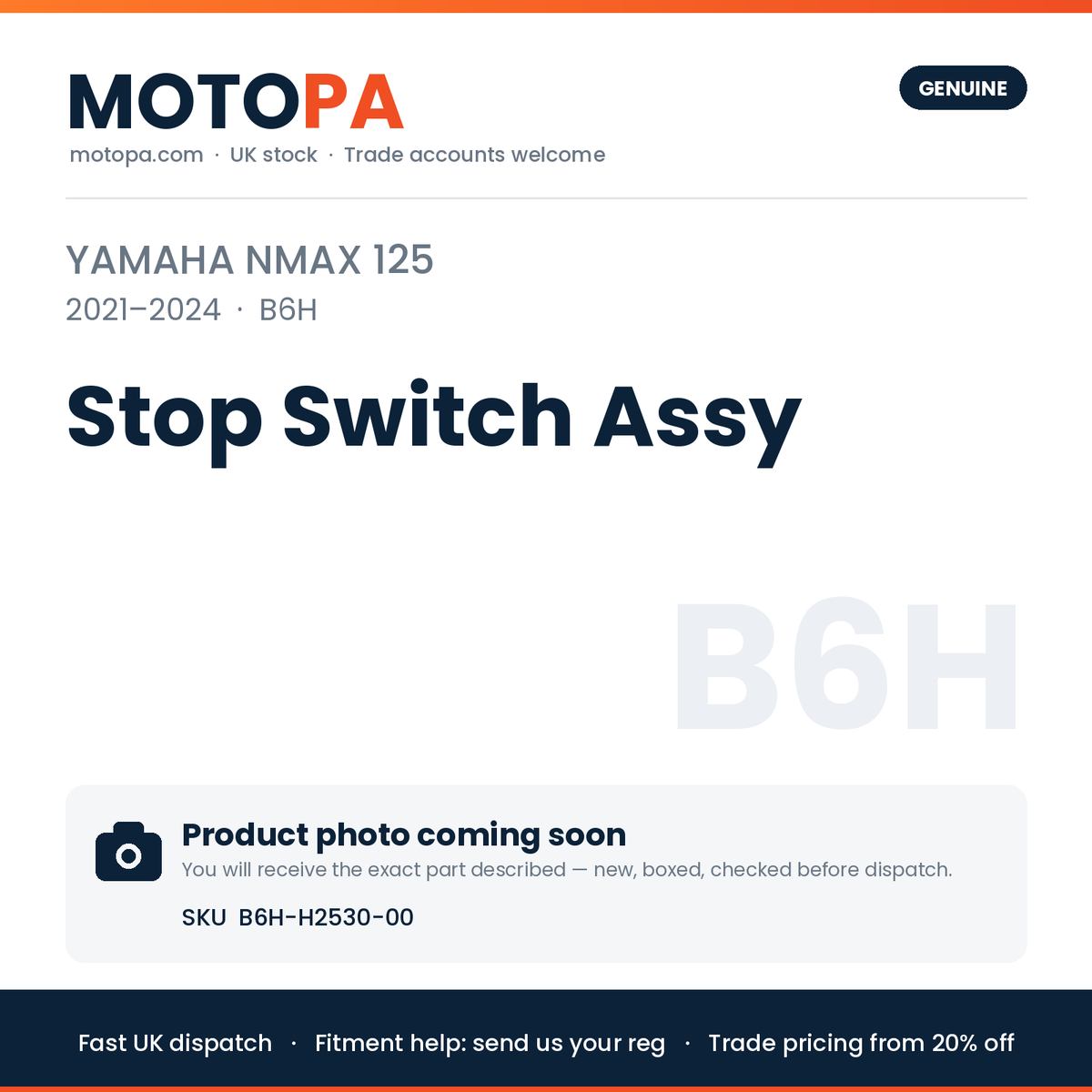 Genuine Yamaha NMAX 125 2021-2024 Stop Switch Assy B6H-H2530-00 | SKU B6H-H2530-00 | photo coming soon