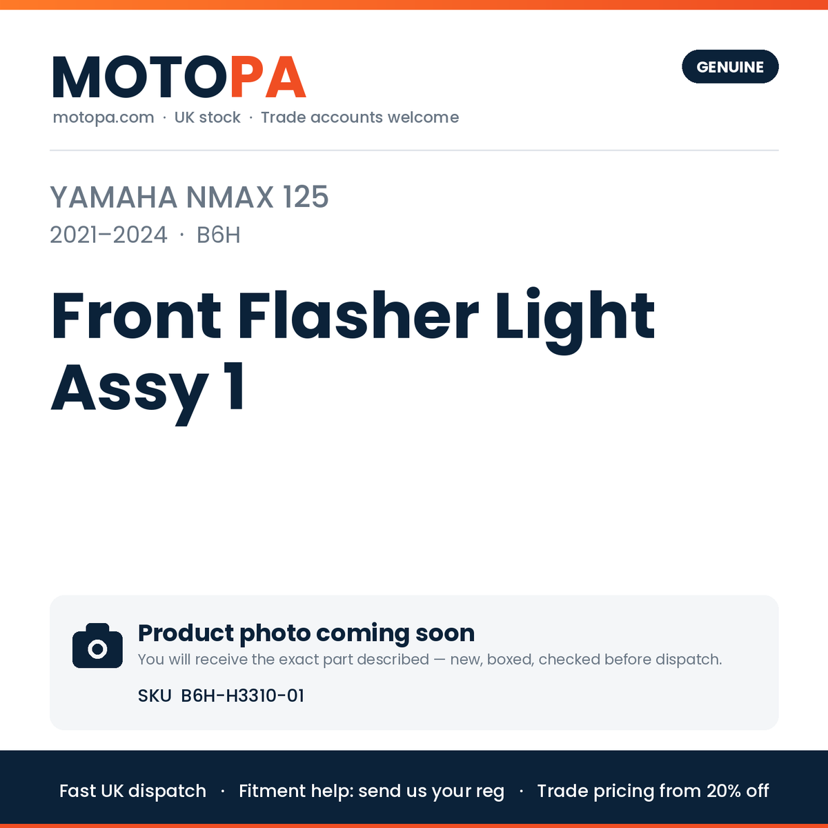 Genuine Yamaha NMAX 125 2021-2024 Front Flasher Light Assy 1 B6H-H3310-01 | SKU B6H-H3310-01 | photo coming soon