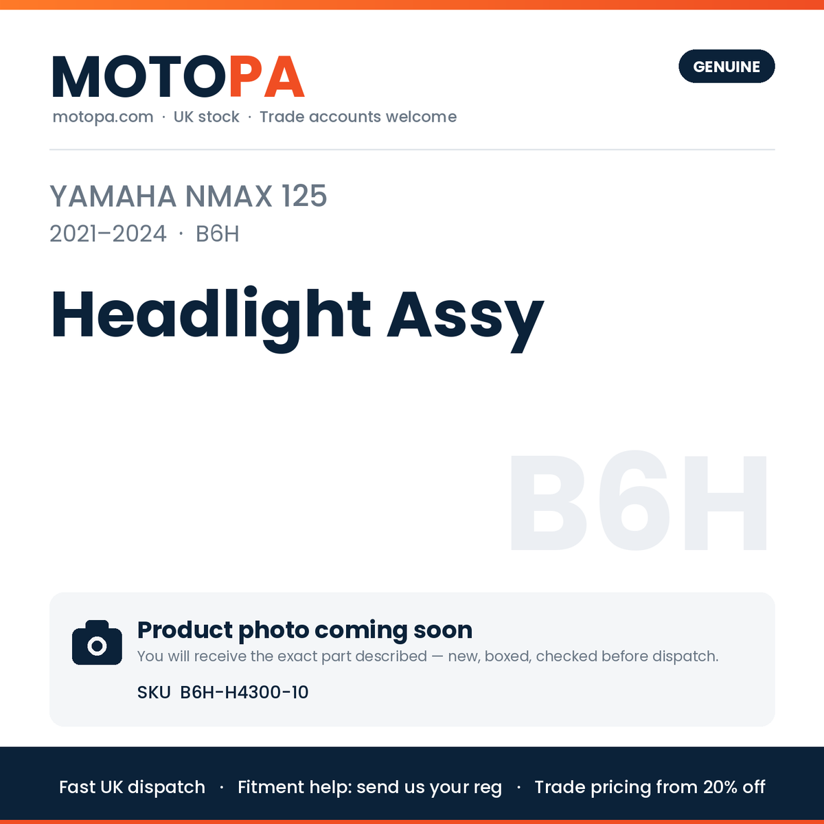 Genuine Yamaha NMAX 125 2021-2024 Headlight Assy B6H-H4300-10 | SKU B6H-H4300-10 | photo coming soon