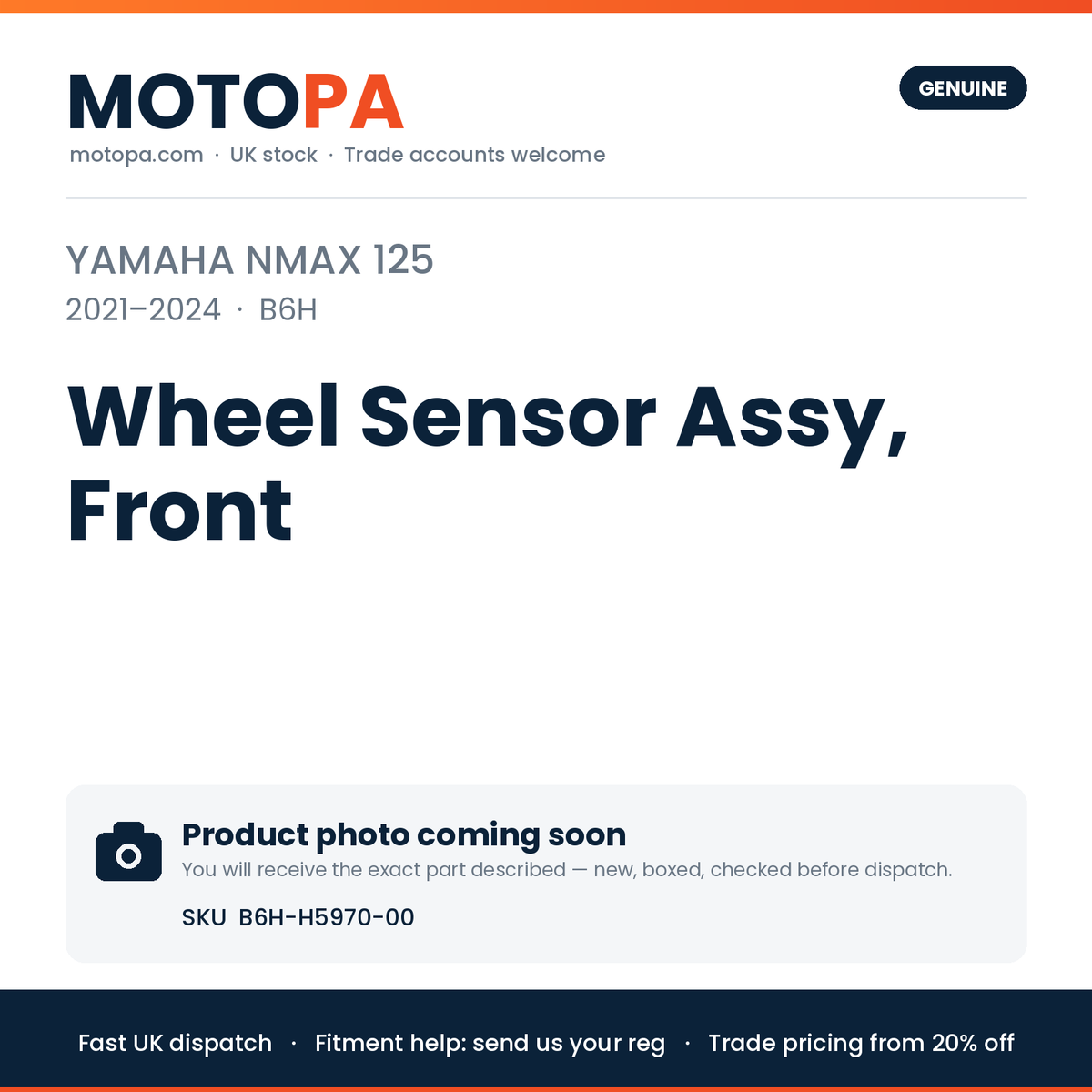 Genuine Yamaha NMAX 125 2021-2024 Wheel Sensor Assy, Front B6H-H5970-00 | SKU B6H-H5970-00 | photo coming soon