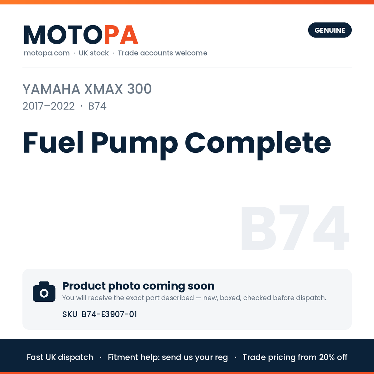 Genuine Yamaha XMAX 300 2017-2022 Fuel Pump Complete B74-E3907-01 | SKU B74-E3907-01 | photo coming soon