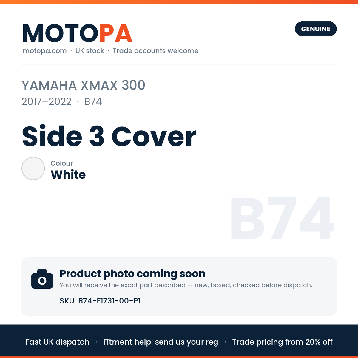 Genuine Yamaha XMAX 300 2017-2022 Side 3 Cover White B74-F1731-00-P1 | SKU B74-F1731-00-P1 | photo coming soon