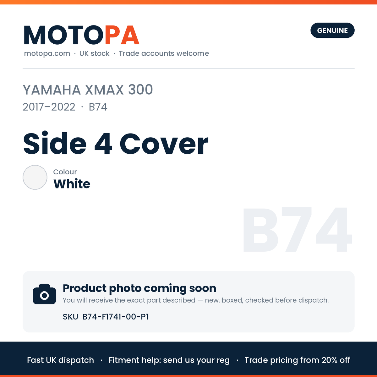 Genuine Yamaha XMAX 300 2017-2022 Side 4 Cover White B74-F1741-00-P1 | SKU B74-F1741-00-P1 | photo coming soon