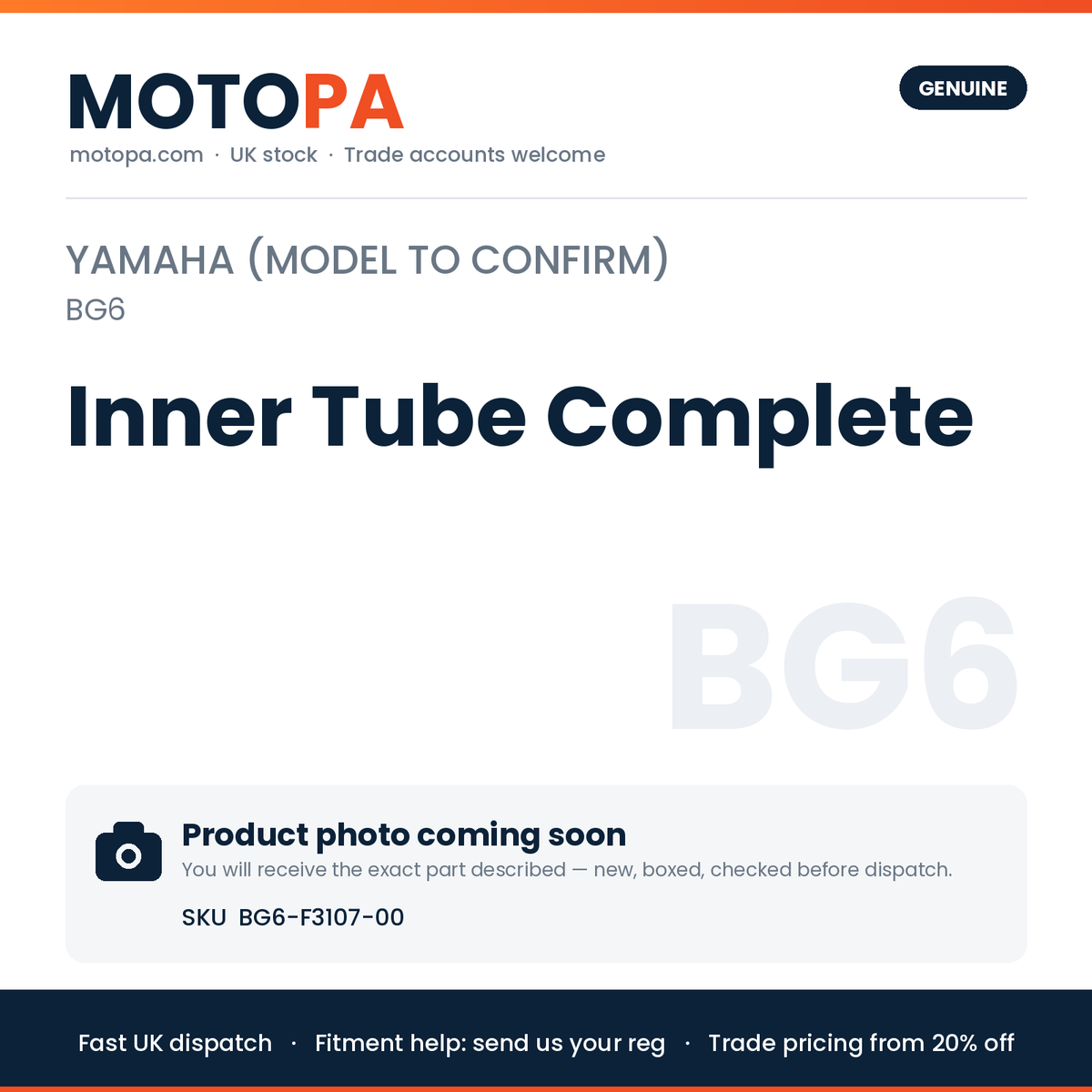 Genuine Yamaha Yamaha (model to confirm) Inner Tube Complete BG6-F3107-00 | SKU BG6-F3107-00 | photo coming soon