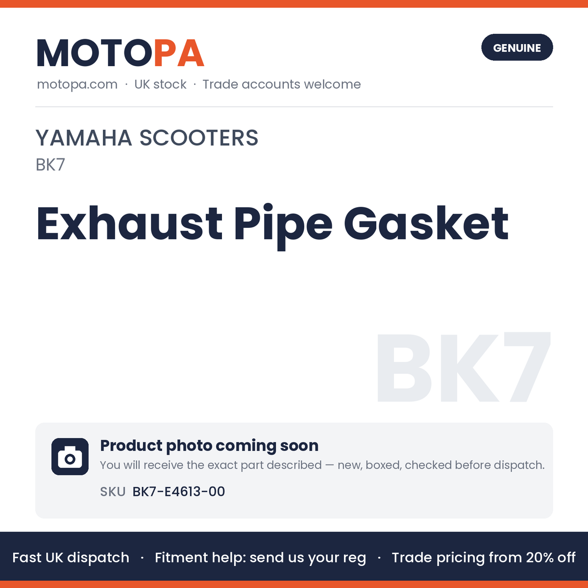 Genuine Yamaha Exhaust Pipe Gasket BK7-E4613-00 | SKU BK7-E4613-00 | photo coming soon