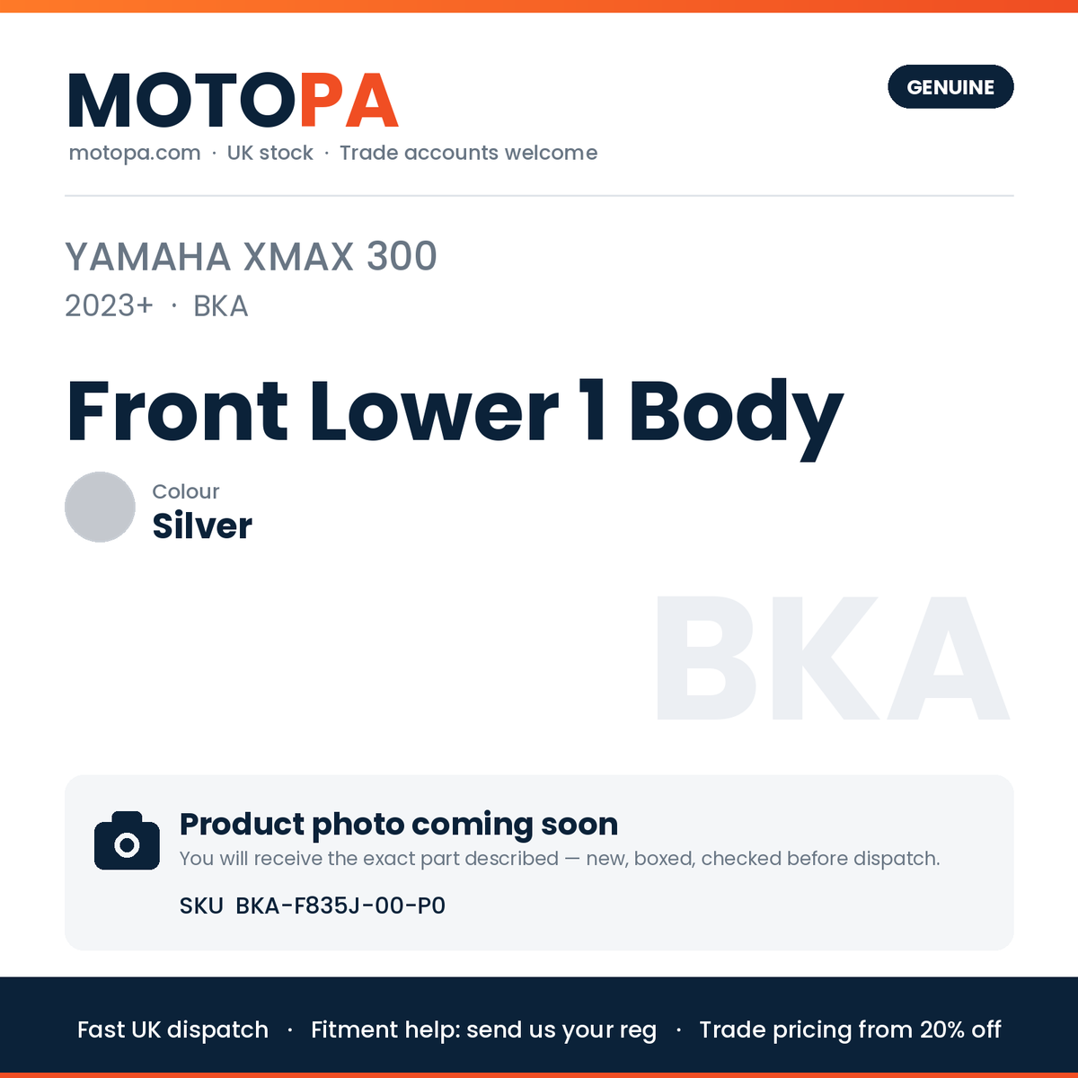 Genuine Yamaha XMAX 300 2023+ Front Lower 1 Body Silver BKA-F835J-00-P0 | SKU BKA-F835J-00-P0 | photo coming soon