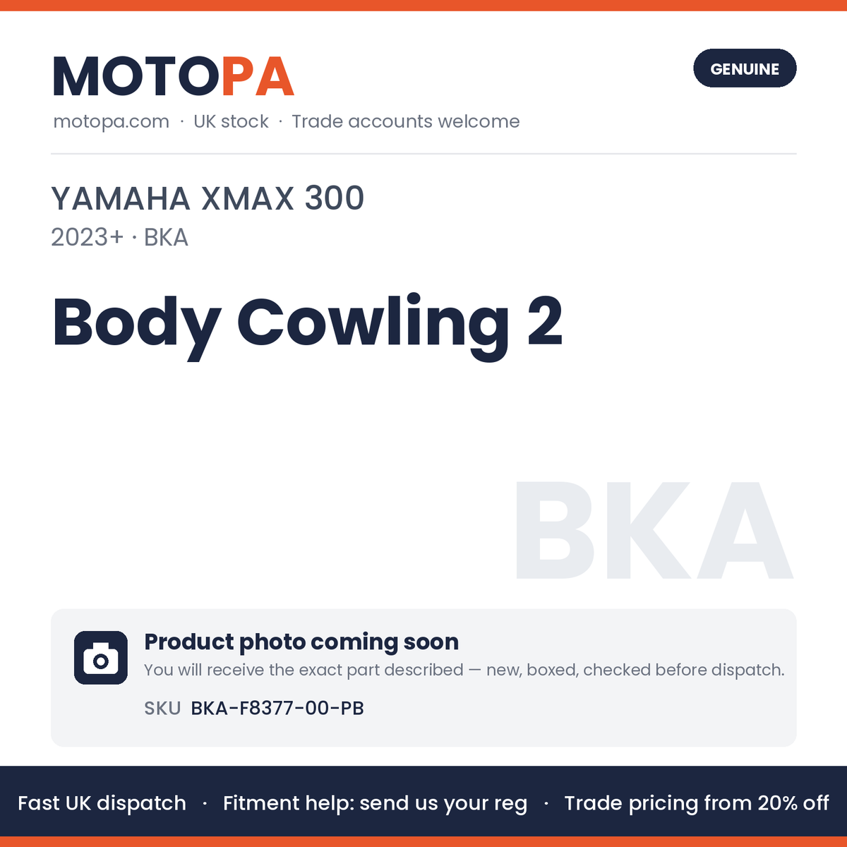 Genuine Yamaha XMAX 300 2023+ Body Cowling 2 BKA-F8377-00-PB | SKU BKA-F8377-00-PB | photo coming soon