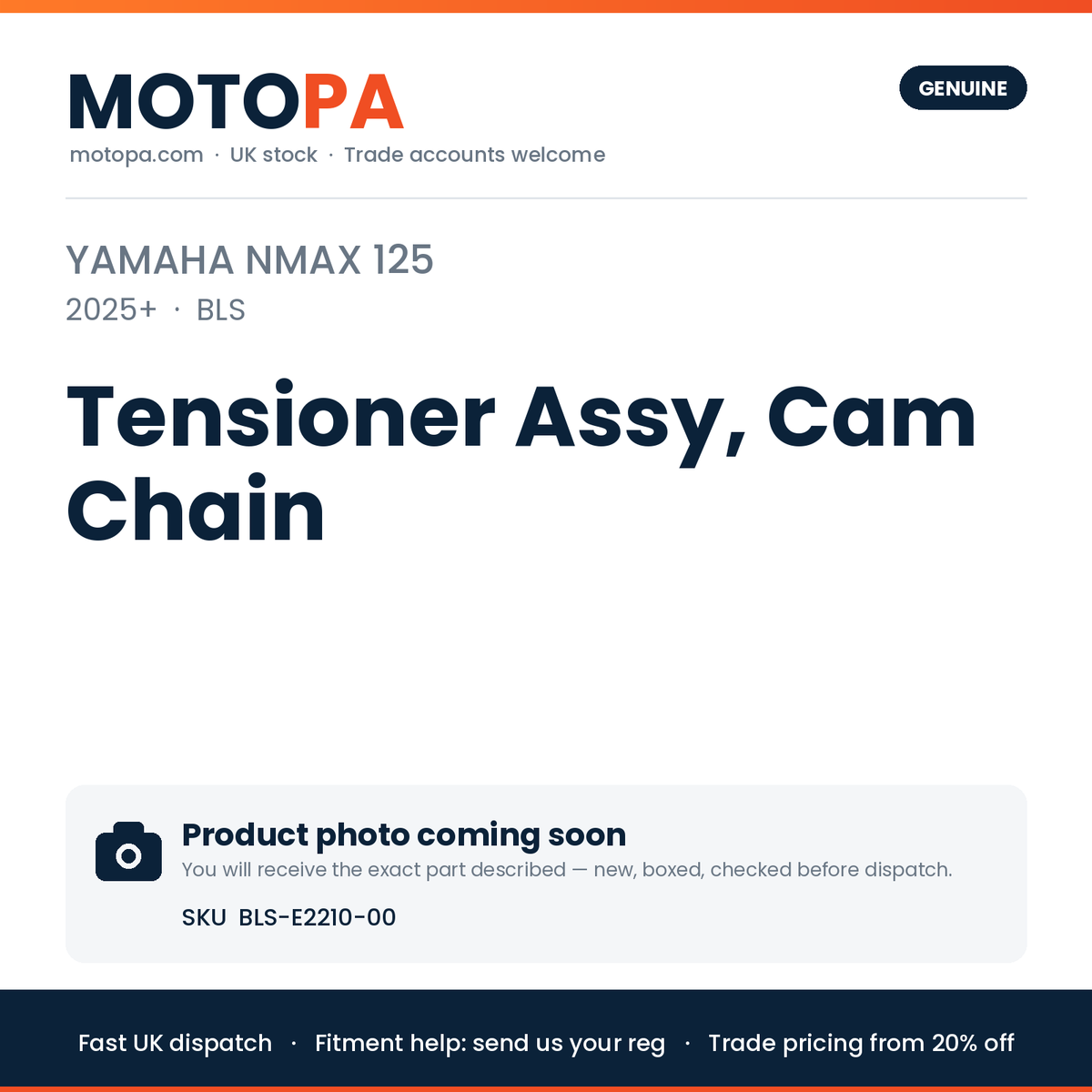 Genuine Yamaha NMAX 125 2025+ Tensioner Assy, Cam Chain BLS-E2210-00 | SKU BLS-E2210-00 | photo coming soon