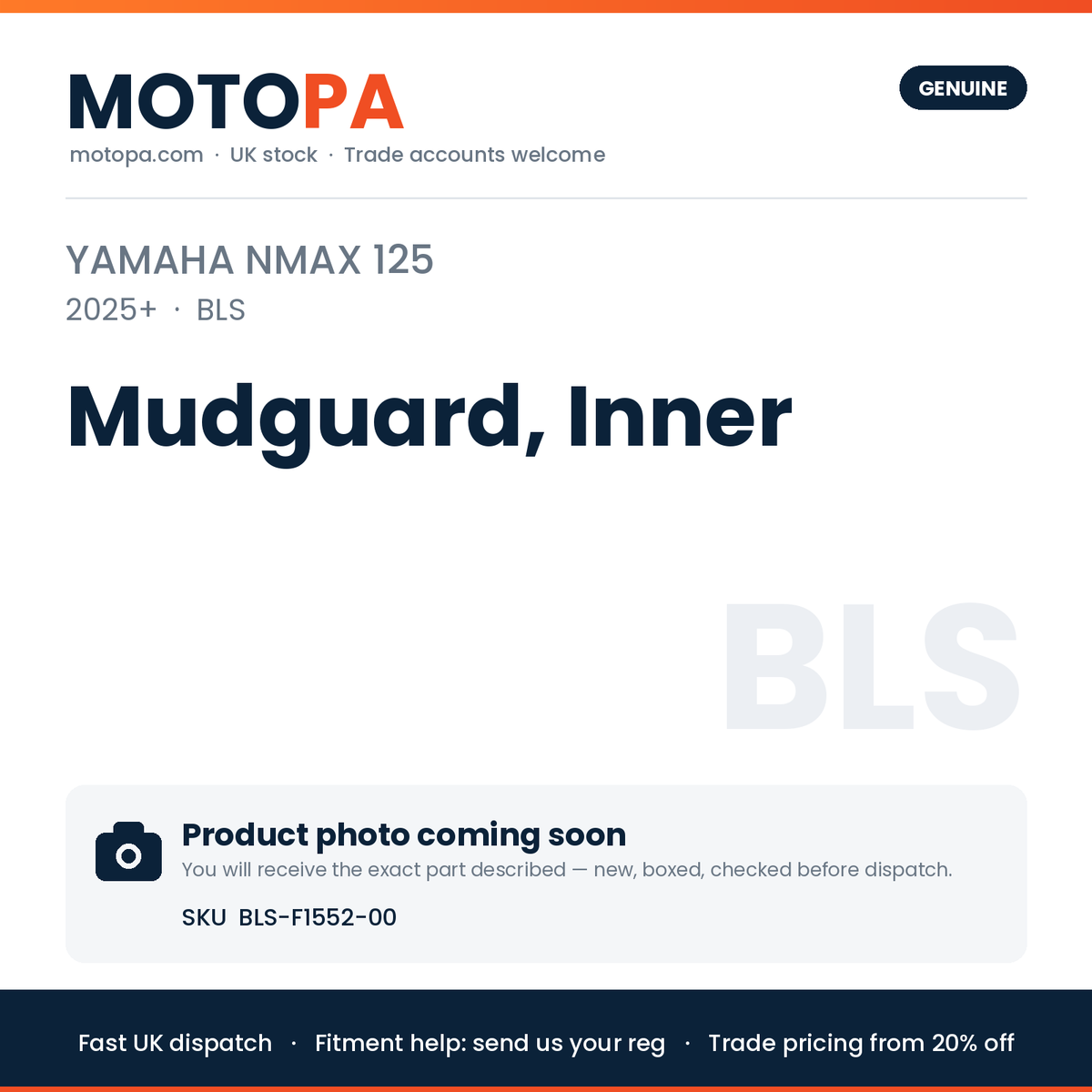 Genuine Yamaha NMAX 125 2025+ Mudguard, Inner BLS-F1552-00 | SKU BLS-F1552-00 | photo coming soon