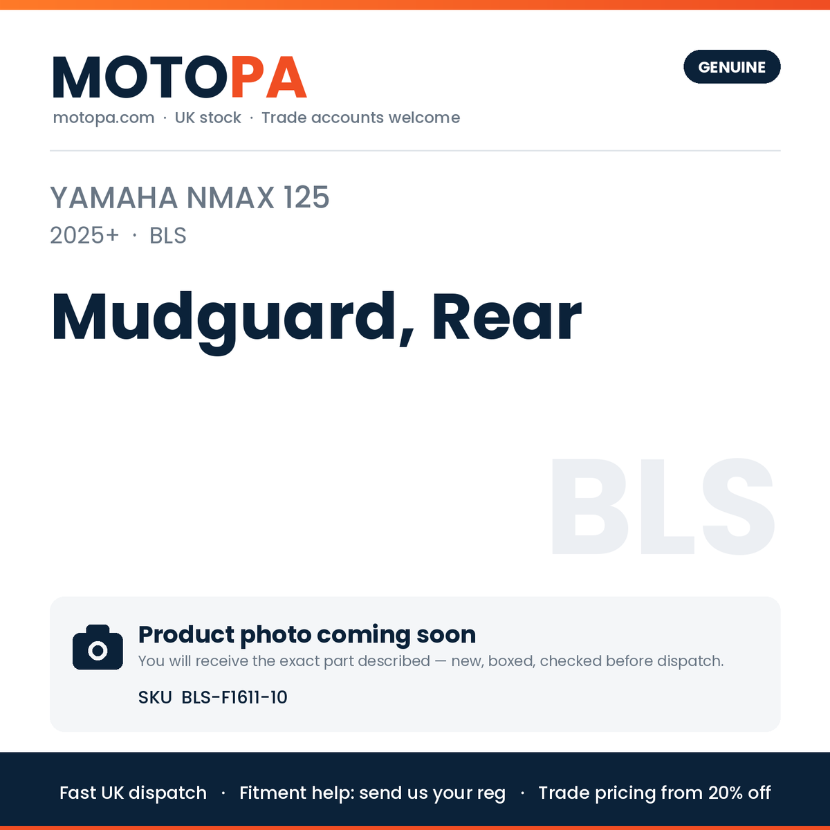 Genuine Yamaha NMAX 125 2025+ Mudguard, Rear BLS-F1611-10 | SKU BLS-F1611-10 | photo coming soon